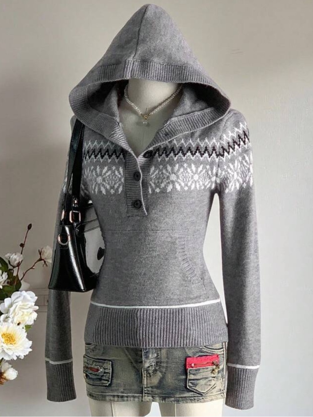 Cozy Gray Hooded Nordic-Pattern Sweater